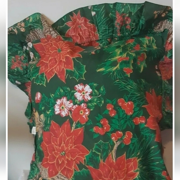VTG SANTA CLAUS Christmas toy sack poinsettia ruffle pillow sham standard USA - Picture 3 of 8